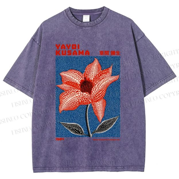 Unisex Yayoi Kusama Giant Red Flower With Dots  Printed Washed Tee