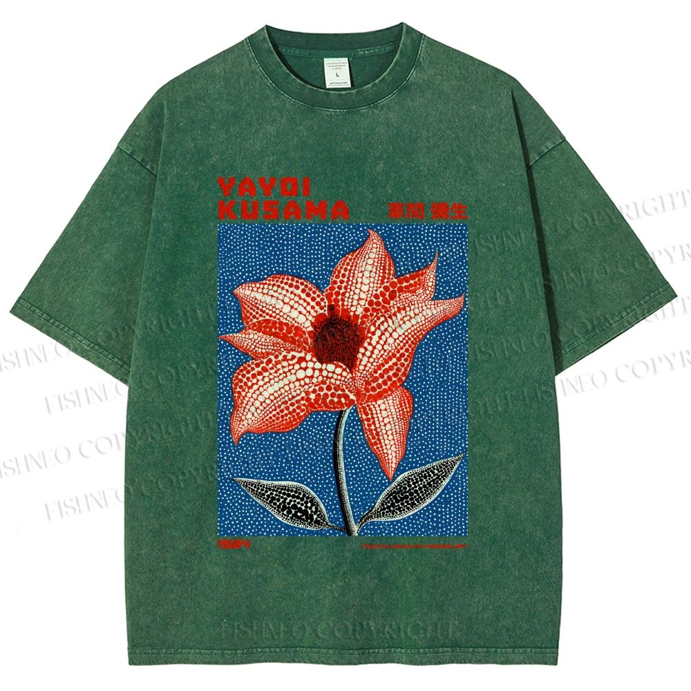 Unisex Yayoi Kusama Giant Red Flower With Dots  Printed Washed Tee