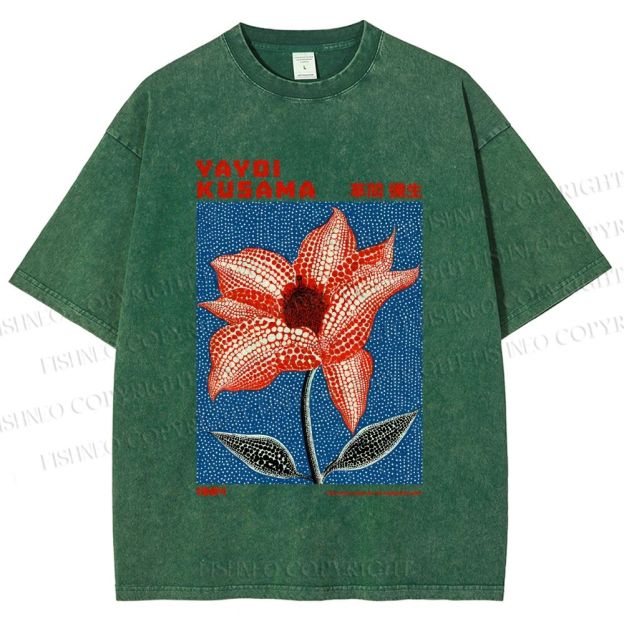 Unisex Yayoi Kusama Giant Red Flower With Dots  Printed Washed Tee