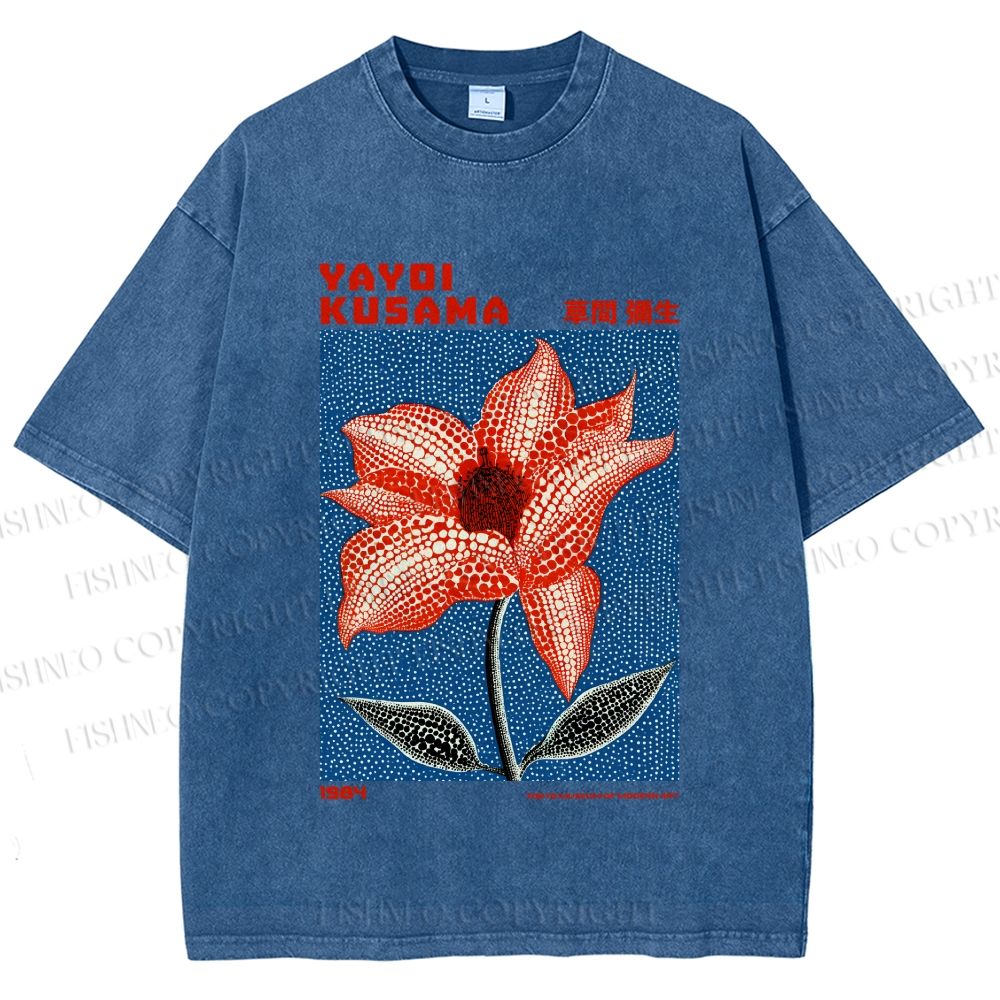 Unisex Yayoi Kusama Giant Red Flower With Dots  Printed Washed Tee