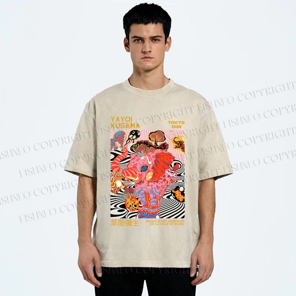 Unisex Yayoi Kusama Elephant Printed Washed Tee