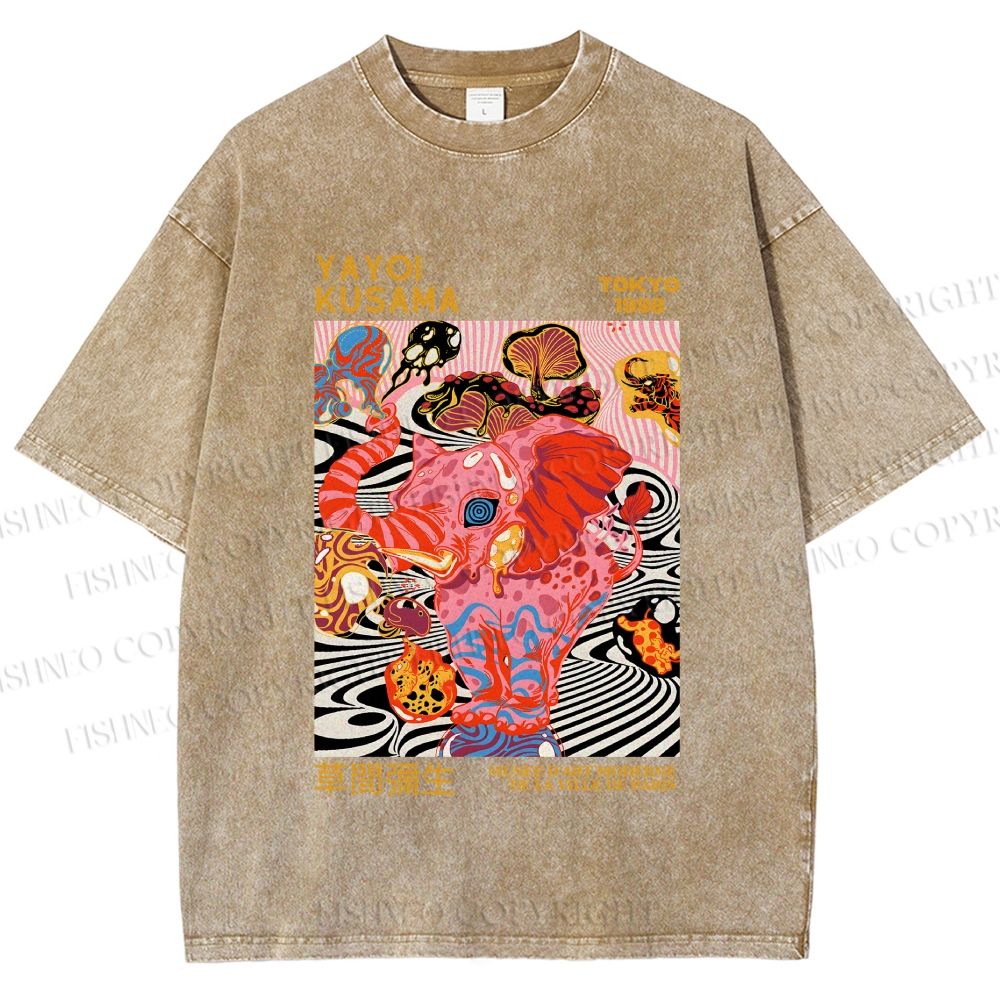 Unisex Yayoi Kusama Elephant Printed Washed Tee