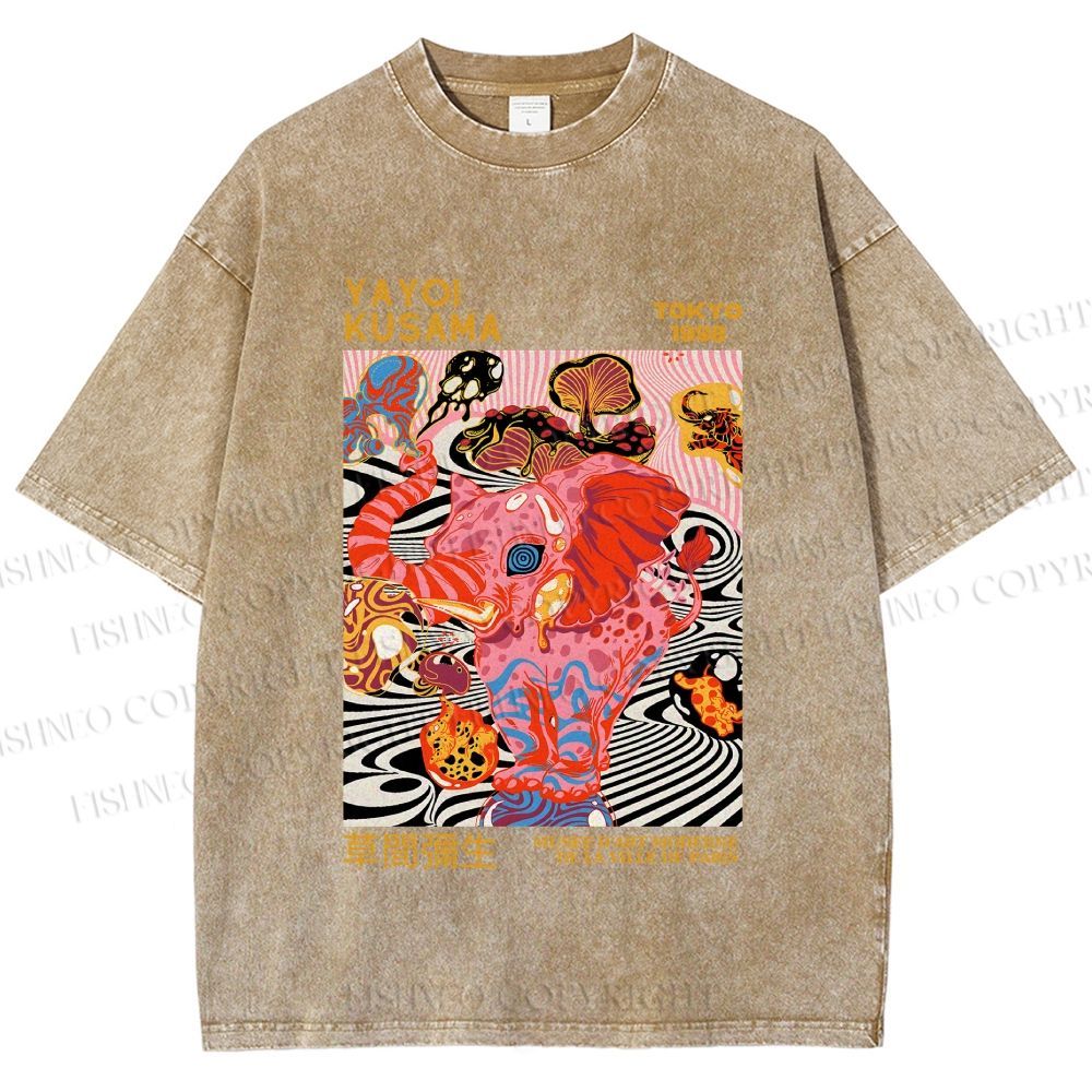 Unisex Yayoi Kusama Elephant Printed Washed Tee