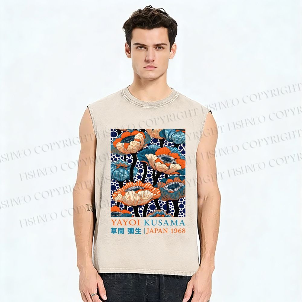 Unisex Yayoi Kusama Flowers Printed Washed Tank Top