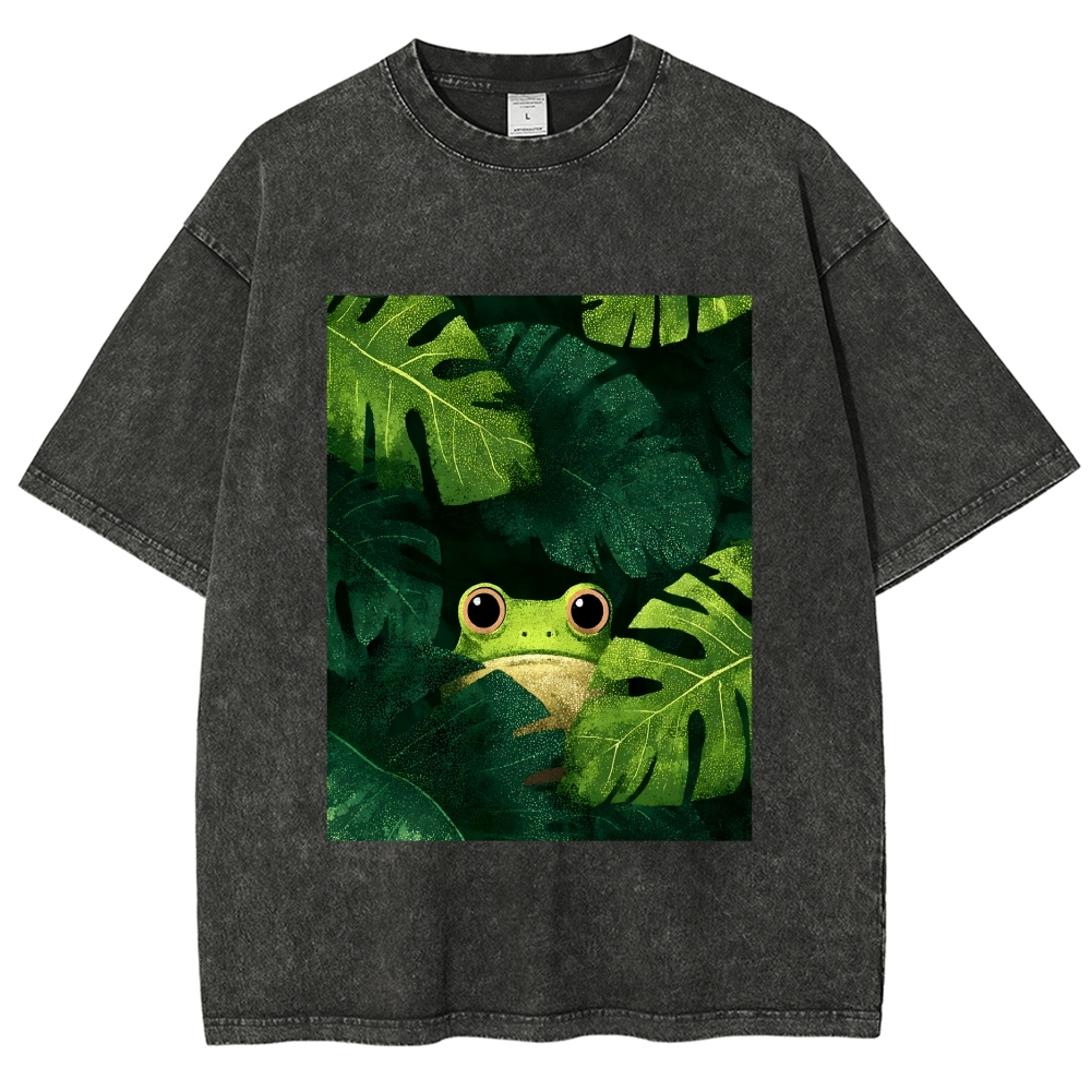 Unisex Frog Hiding In Green Leaves Printed Washed Tee