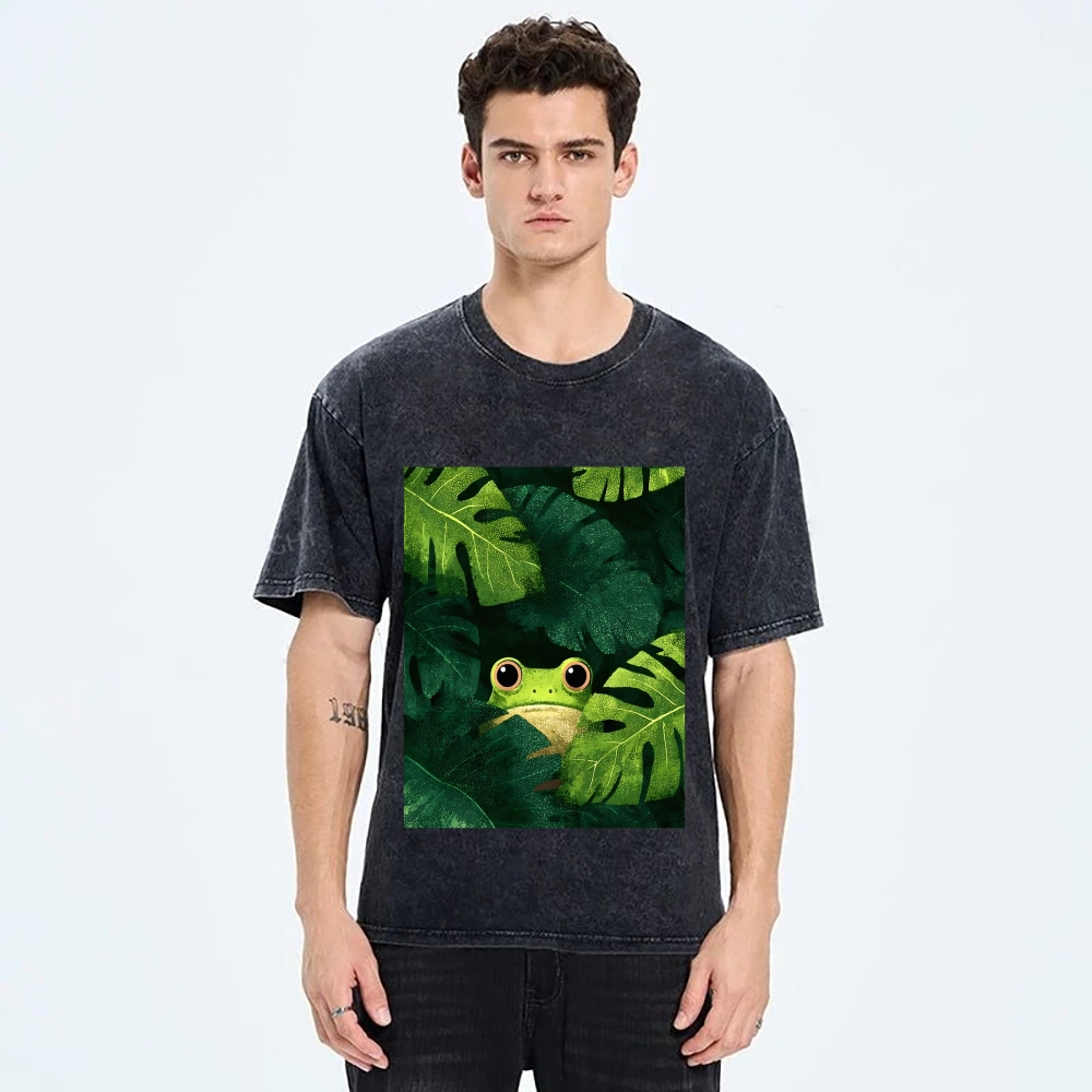 Unisex Frog Hiding In Green Leaves Printed Washed Tee
