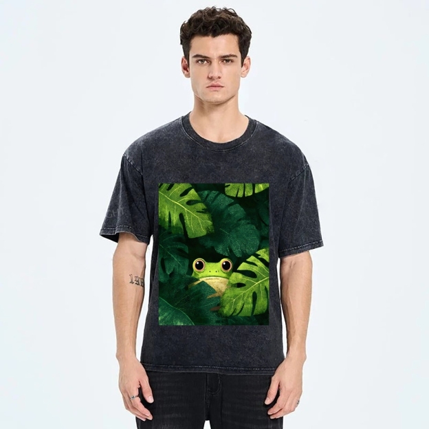 Unisex Frog Hiding In Green Leaves Printed Washed Tee