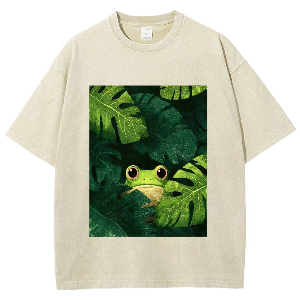 Unisex Frog Hiding In Green Leaves Printed Washed Tee