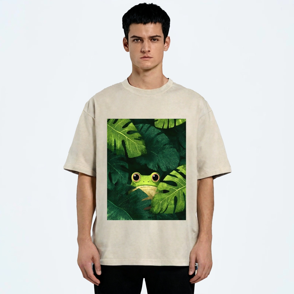Unisex Frog Hiding In Green Leaves Printed Washed Tee