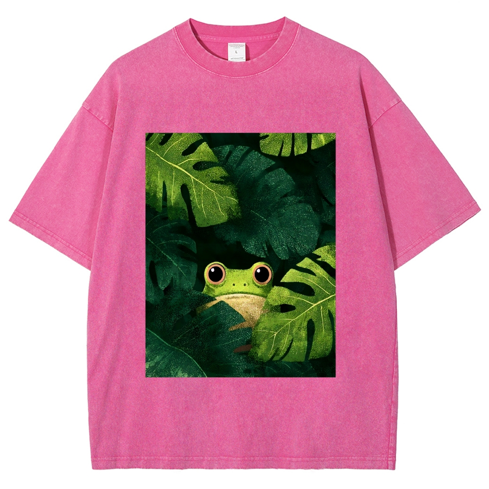 Unisex Frog Hiding In Green Leaves Printed Washed Tee