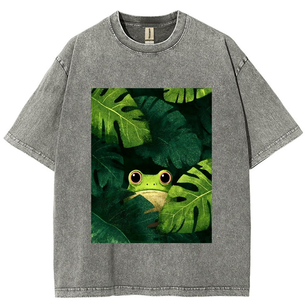 Unisex Frog Hiding In Green Leaves Printed Washed Tee