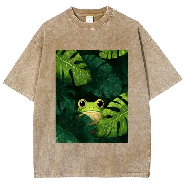 Unisex Frog Hiding In Green Leaves Printed Washed Tee