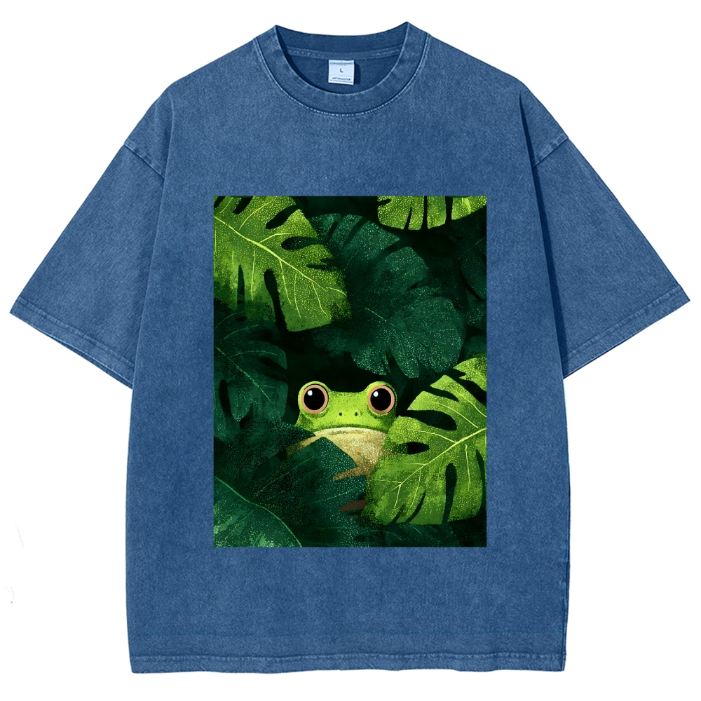 Unisex Frog Hiding In Green Leaves Printed Washed Tee