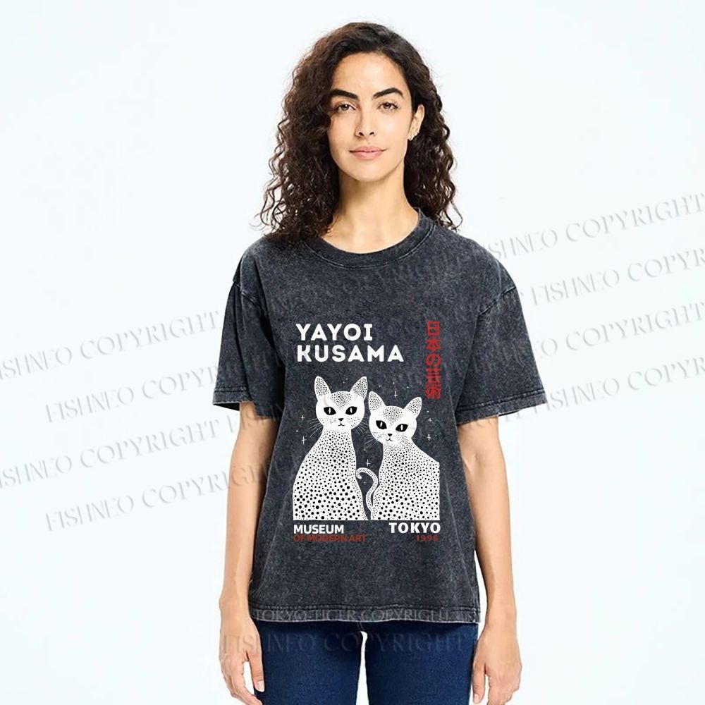 Unisex Yayoi Kusama Black Cat Printed Washed Tee