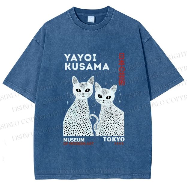 Unisex Yayoi Kusama Black Cat Printed Washed Tee