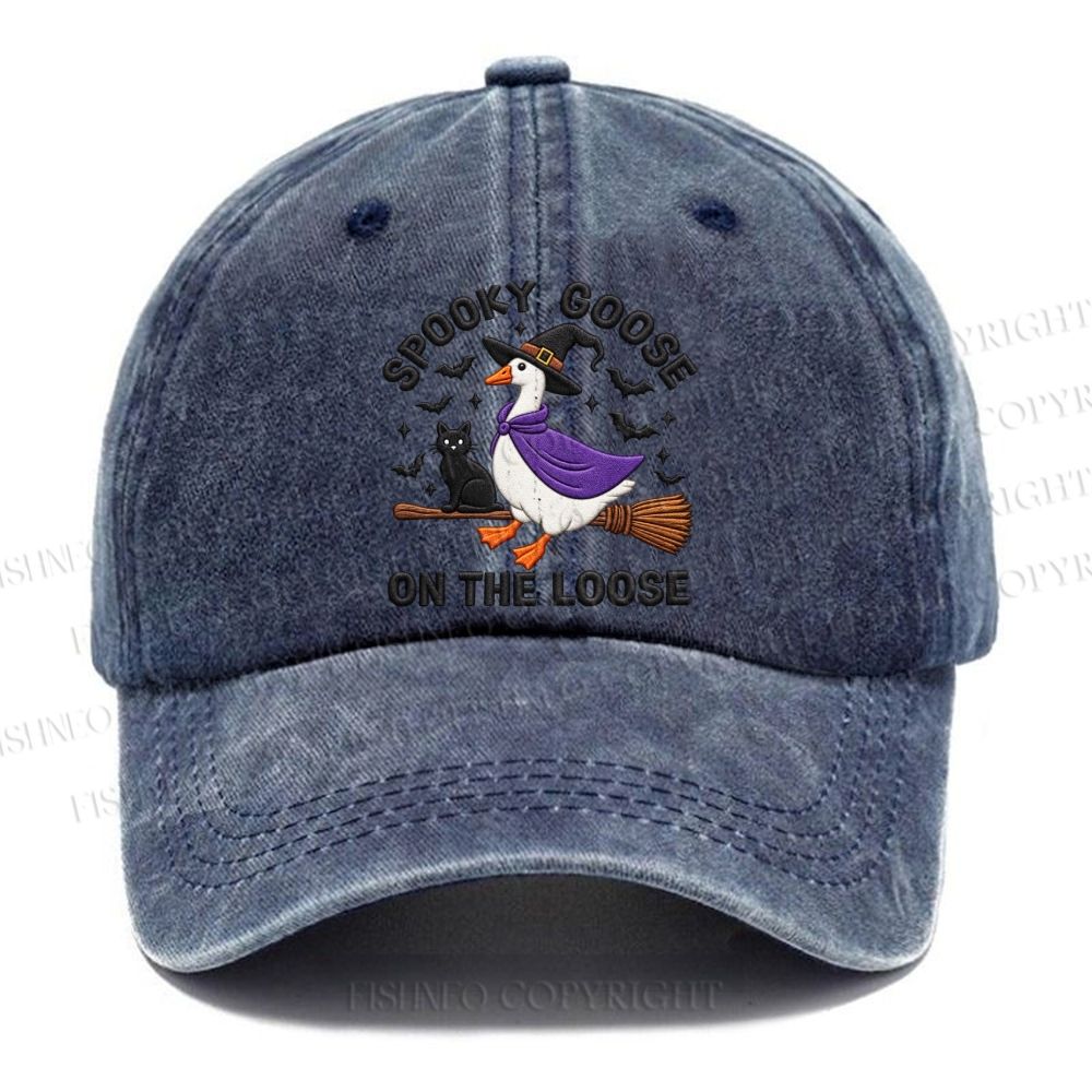 Unisex Vintage Halloween Spooky Goose On The Loose Broom Casual Washed Cap