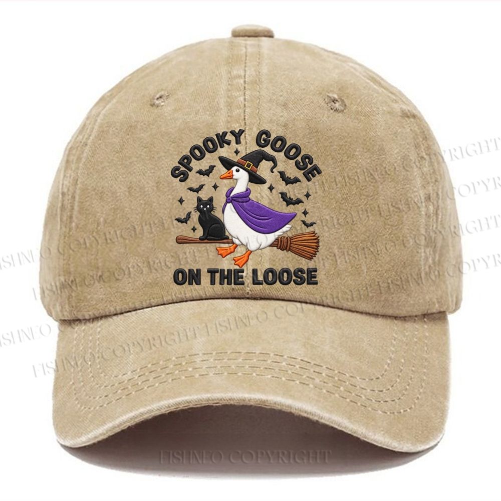 Unisex Vintage Halloween Spooky Goose On The Loose Broom Casual Washed Cap