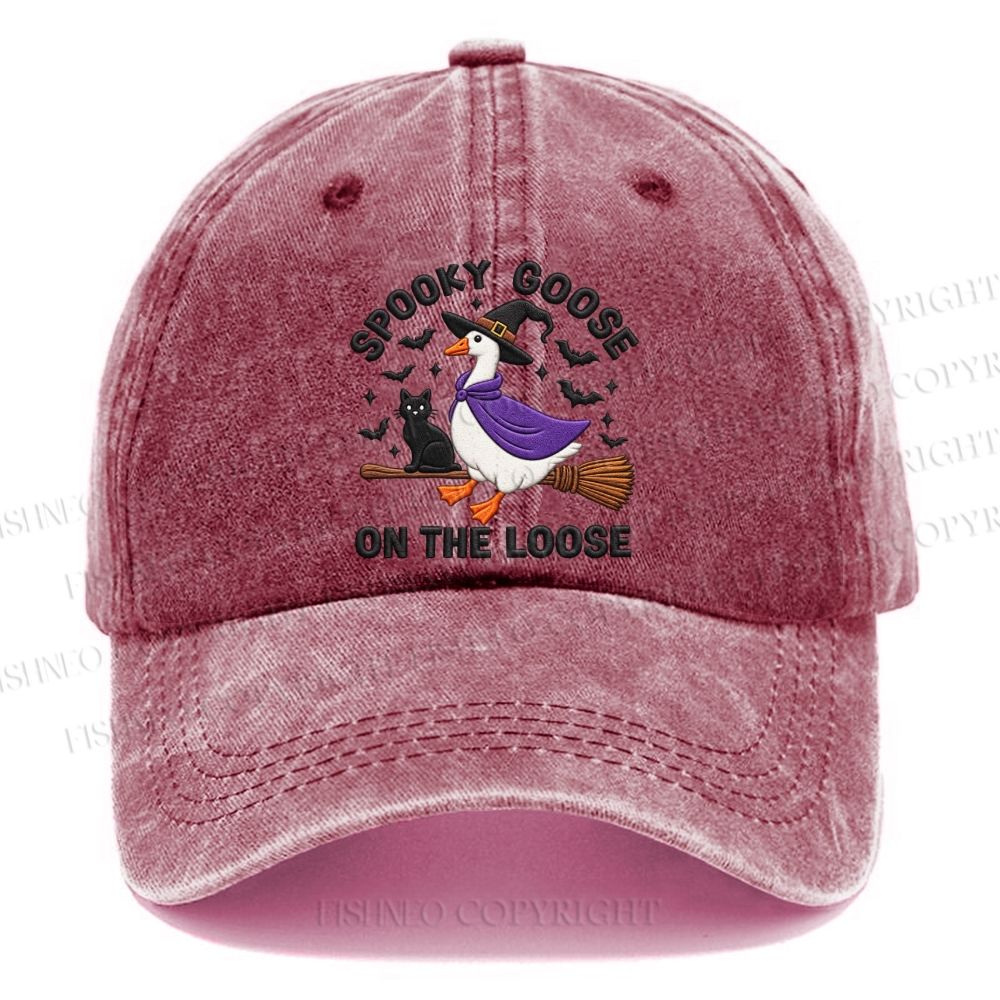 Unisex Vintage Halloween Spooky Goose On The Loose Broom Casual Washed Cap