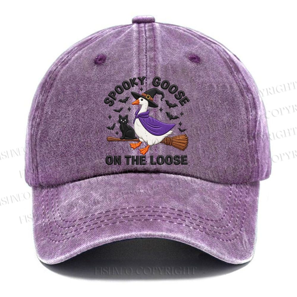 Unisex Vintage Halloween Spooky Goose On The Loose Broom Casual Washed Cap