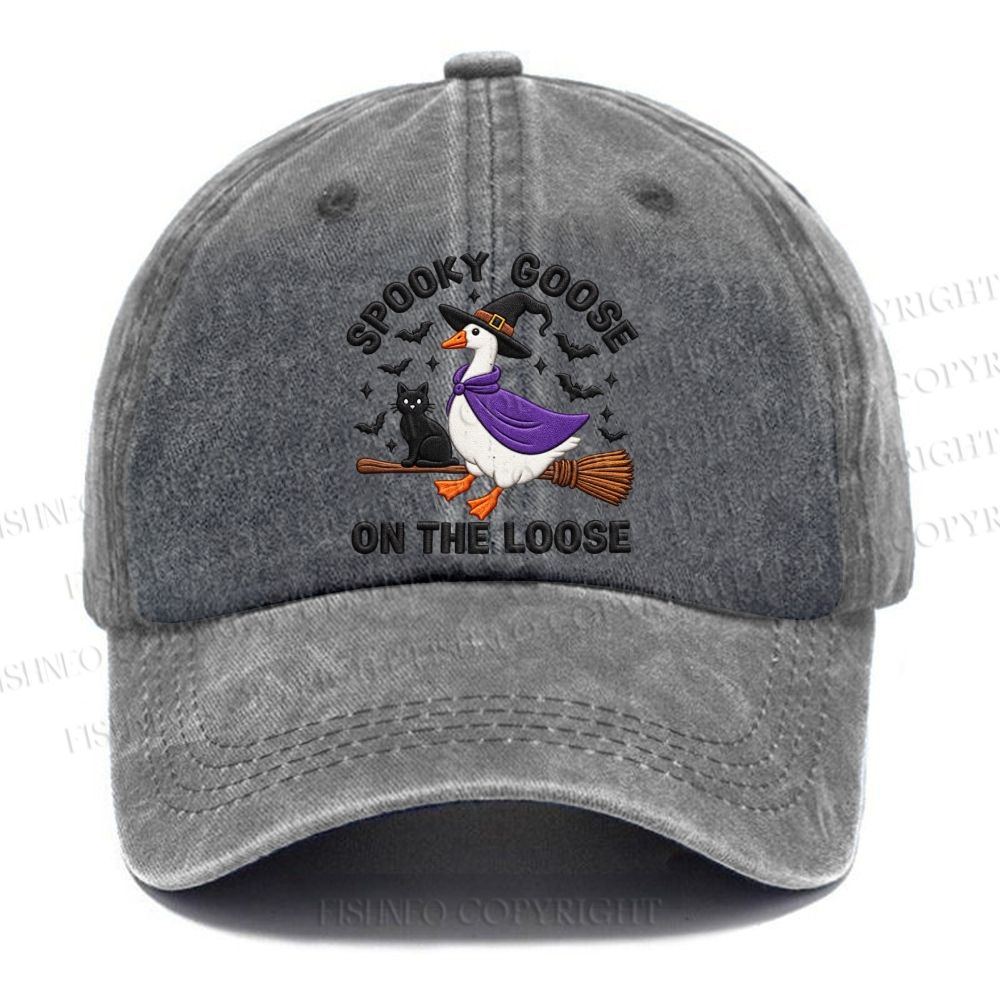 Unisex Vintage Halloween Spooky Goose On The Loose Broom Casual Washed Cap
