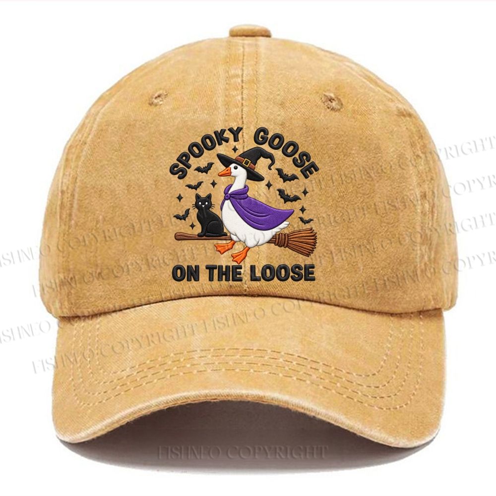 Unisex Vintage Halloween Spooky Goose On The Loose Broom Casual Washed Cap