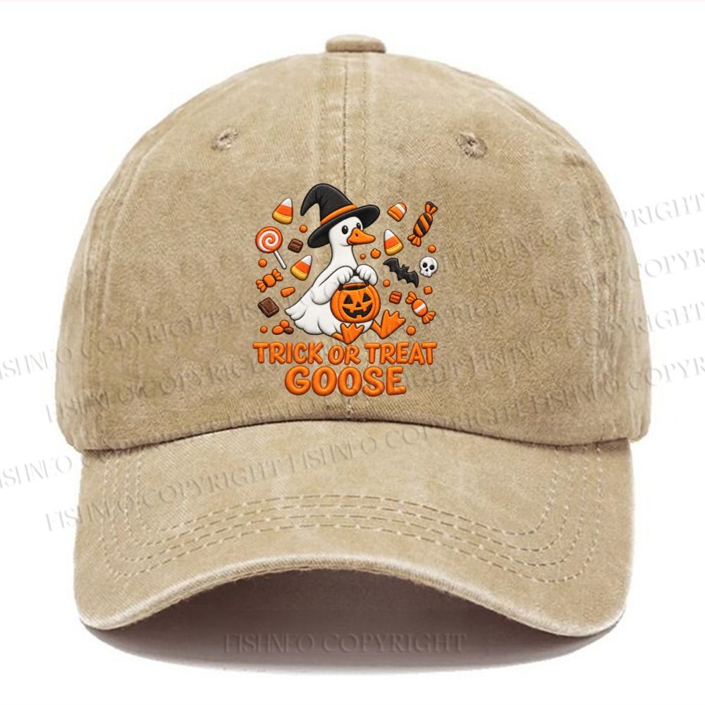 Unisex Vintage Trick Or Treat Goose Halloween Candy Pumpkin Casual Washed Cap