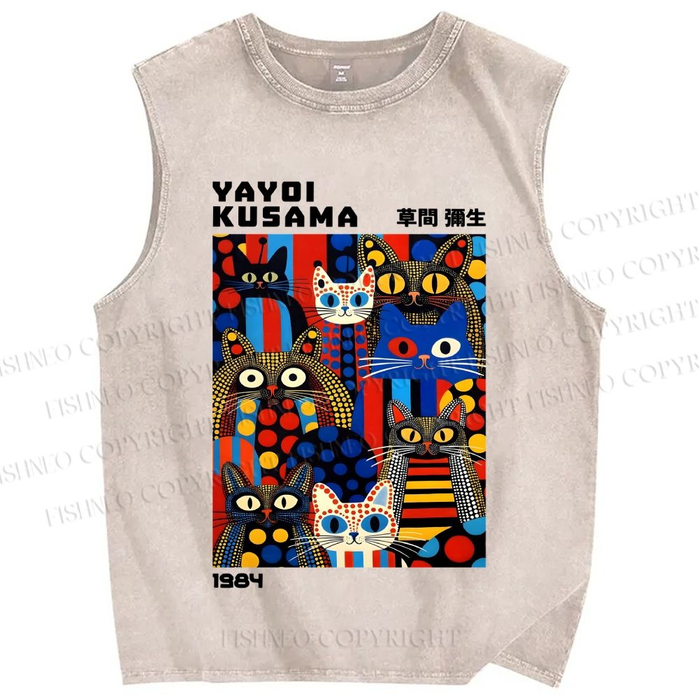 Unisex Yayoi Kusama Cats Printed Washed Tank Top