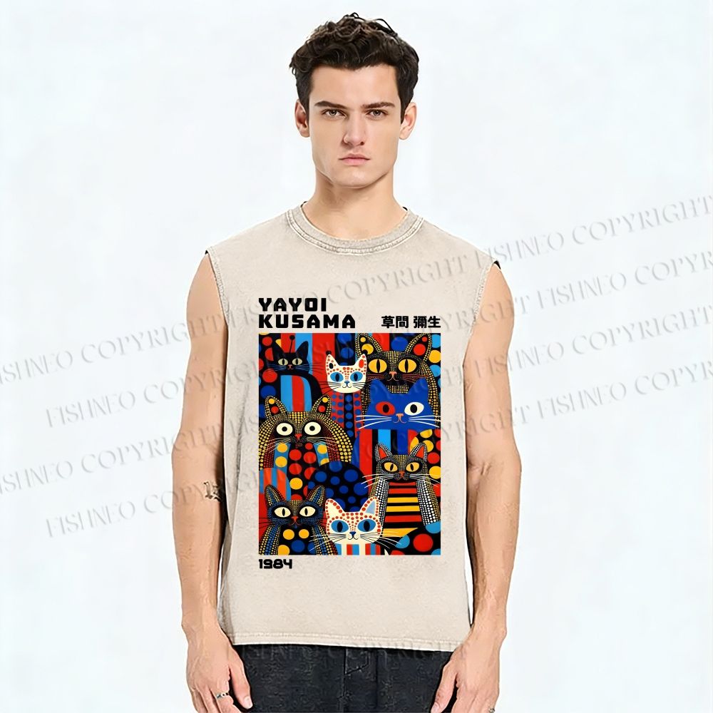 Unisex Yayoi Kusama Cats Printed Washed Tank Top