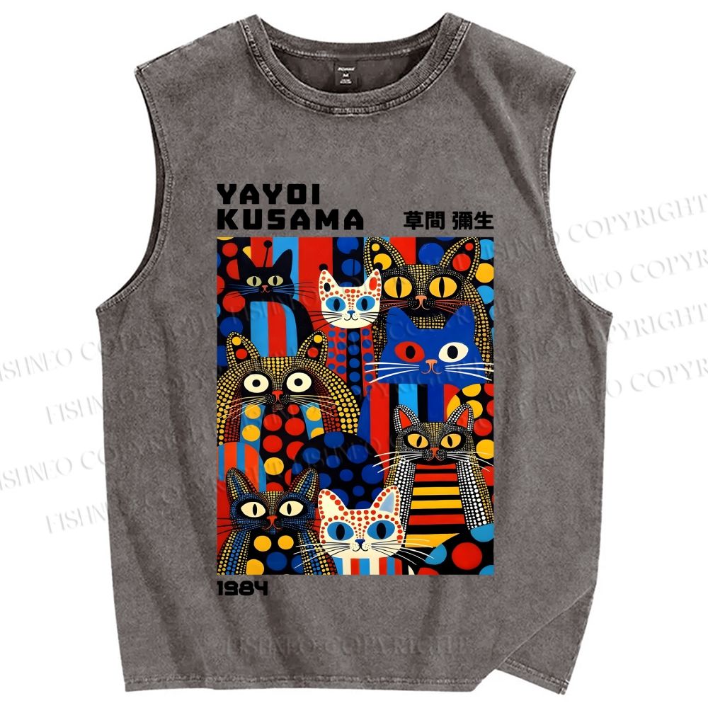 Unisex Yayoi Kusama Cats Printed Washed Tank Top
