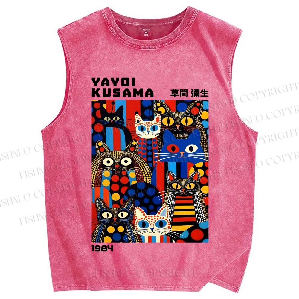 Unisex Yayoi Kusama Cats Printed Washed Tank Top