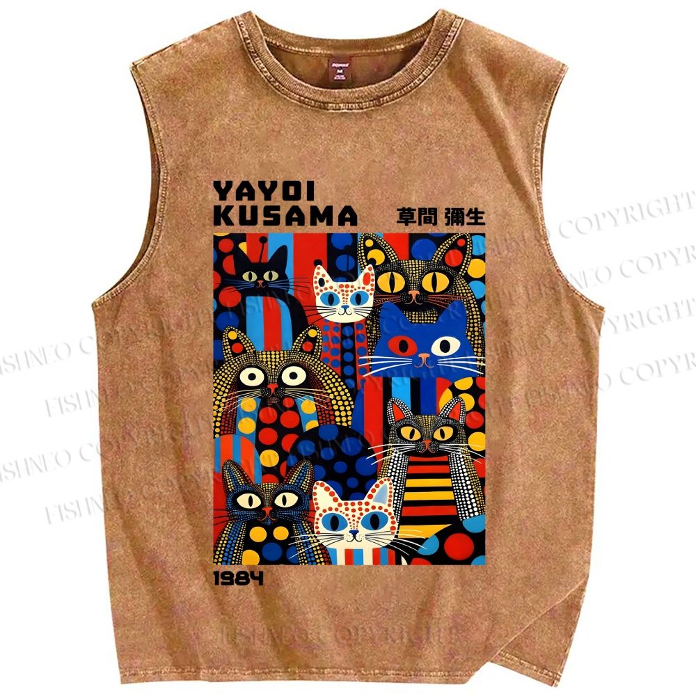 Unisex Yayoi Kusama Cats Printed Washed Tank Top