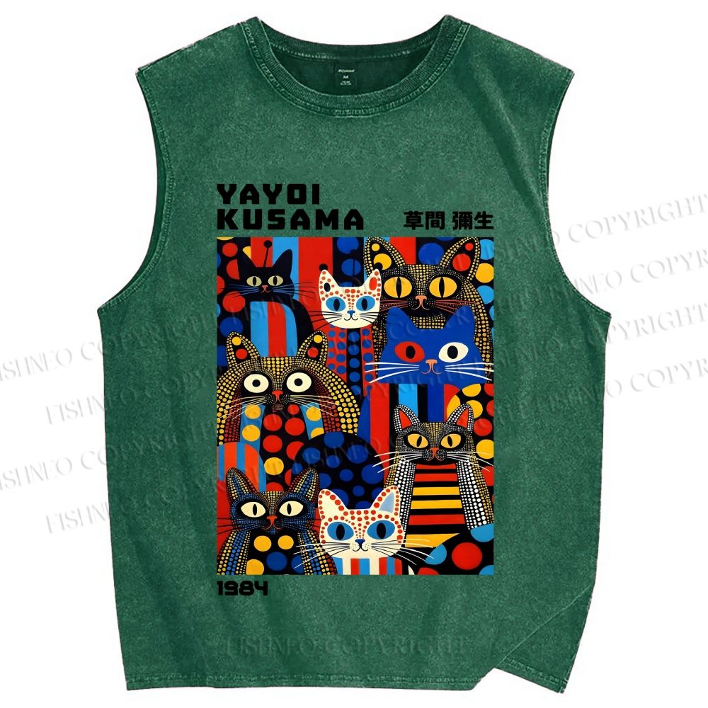 Unisex Yayoi Kusama Cats Printed Washed Tank Top