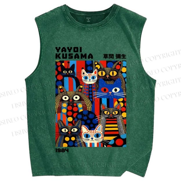 Unisex Yayoi Kusama Cats Printed Washed Tank Top