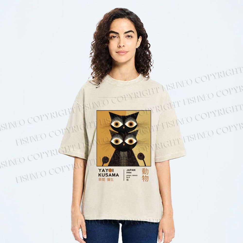 Unisex Yayoi Kusama Black Cat Printed Washed Tee