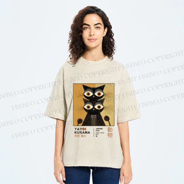 Unisex Yayoi Kusama Black Cat Printed Washed Tee