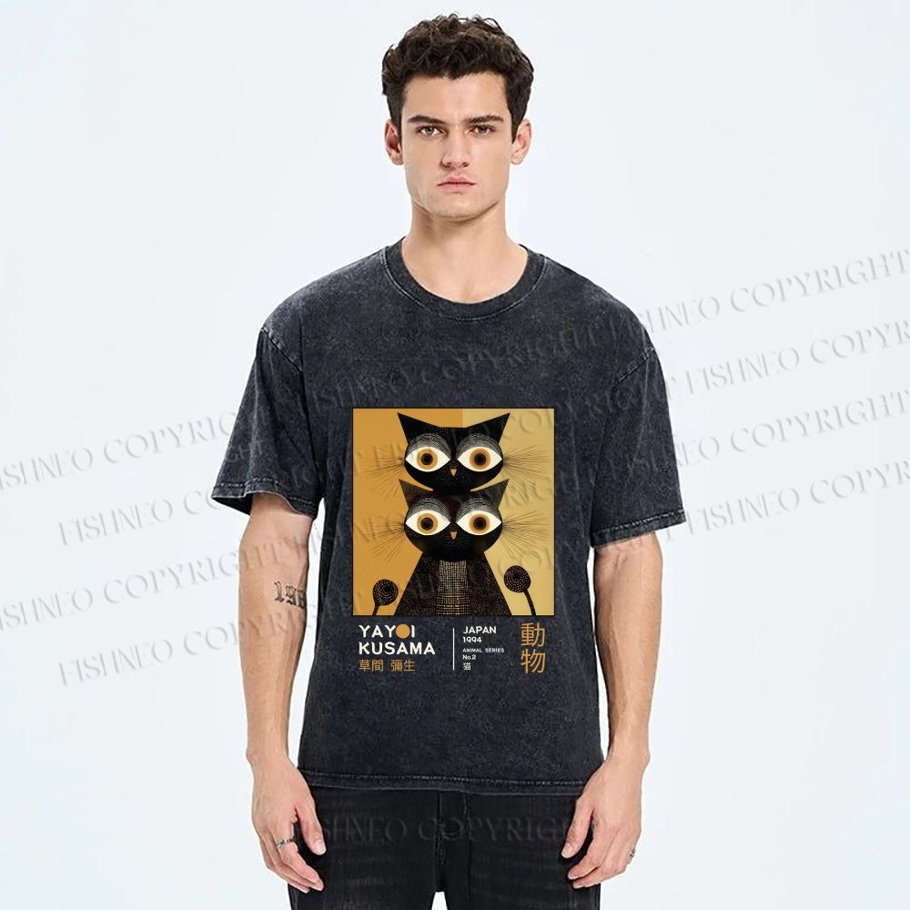 Unisex Yayoi Kusama Black Cat Printed Washed Tee