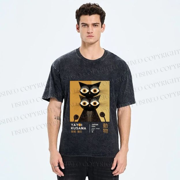 Unisex Yayoi Kusama Black Cat Printed Washed Tee