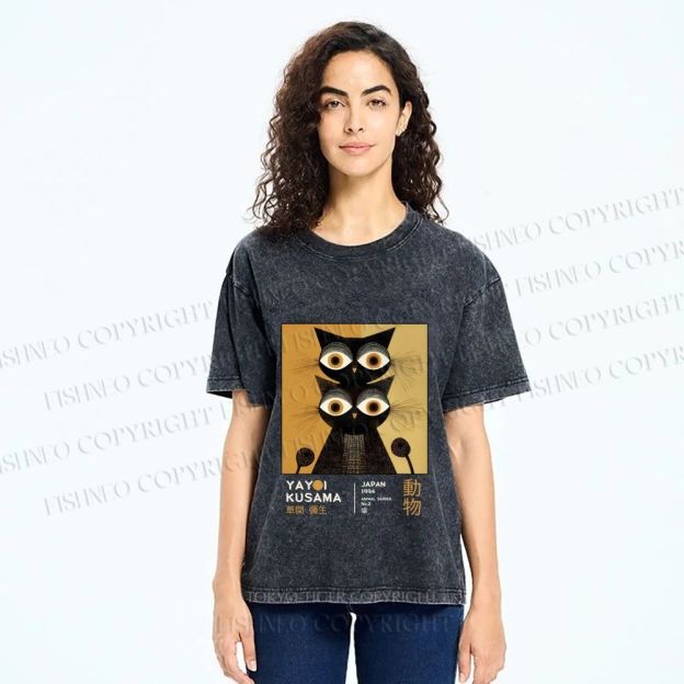 Unisex Yayoi Kusama Black Cat Printed Washed Tee