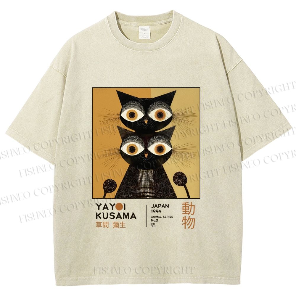 Unisex Yayoi Kusama Black Cat Printed Washed Tee