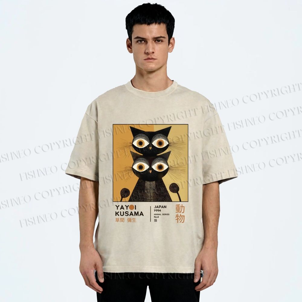 Unisex Yayoi Kusama Black Cat Printed Washed Tee