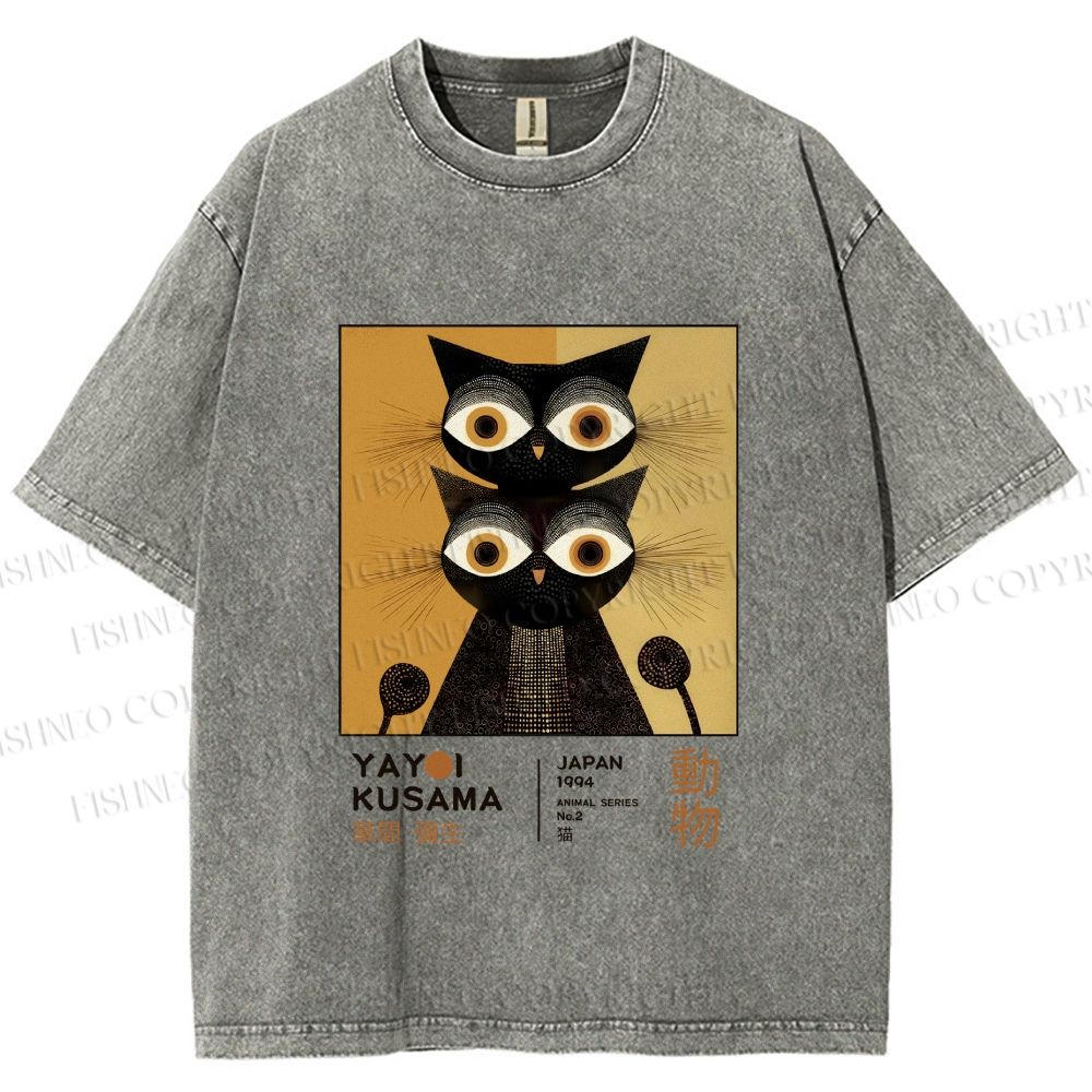 Unisex Yayoi Kusama Black Cat Printed Washed Tee
