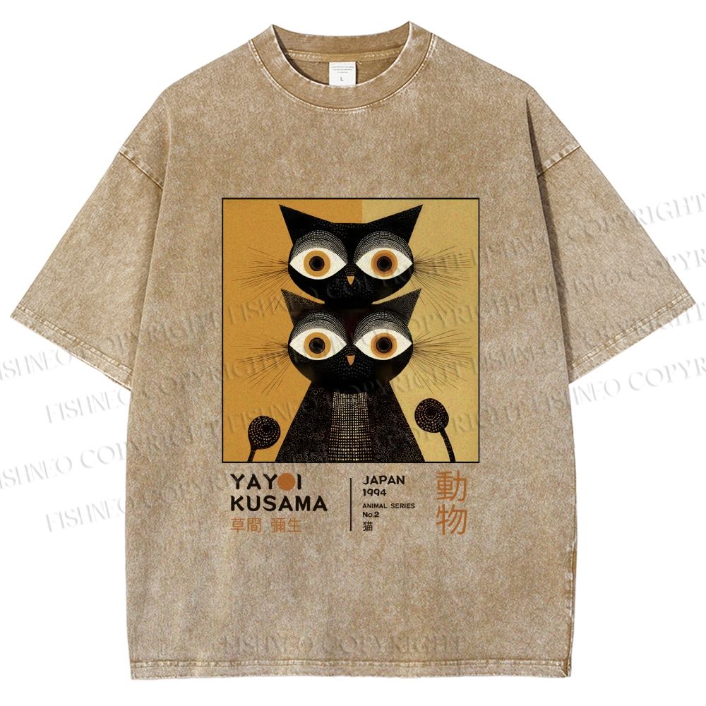 Unisex Yayoi Kusama Black Cat Printed Washed Tee