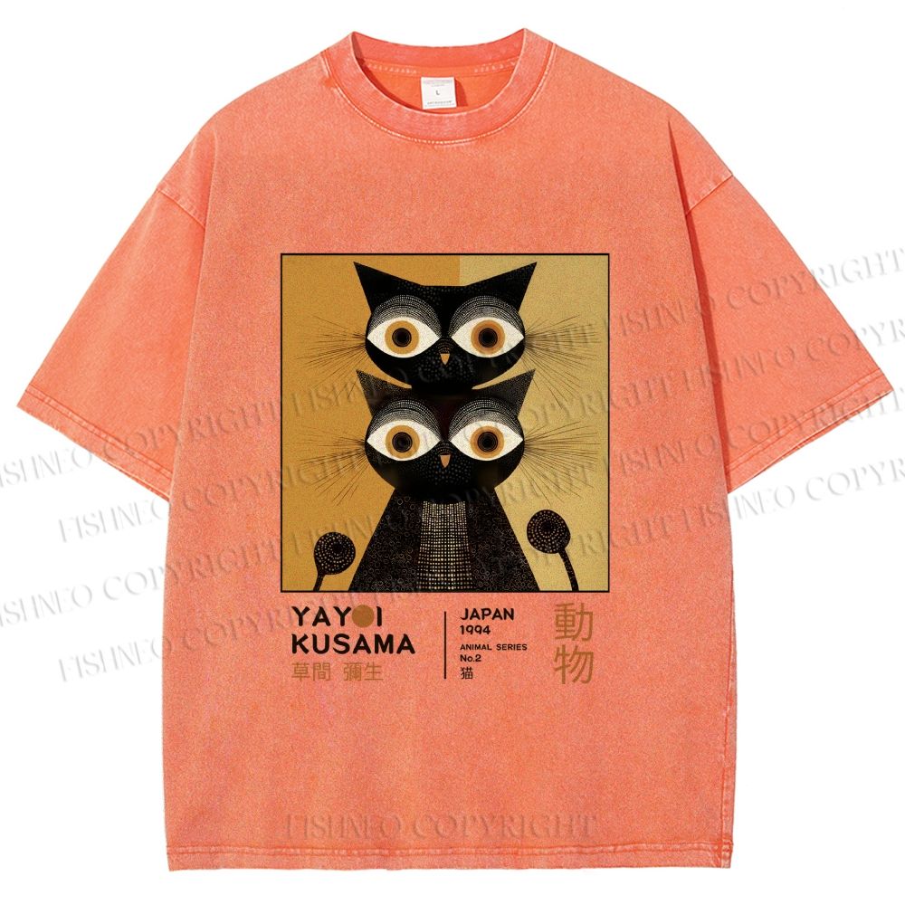 Unisex Yayoi Kusama Black Cat Printed Washed Tee