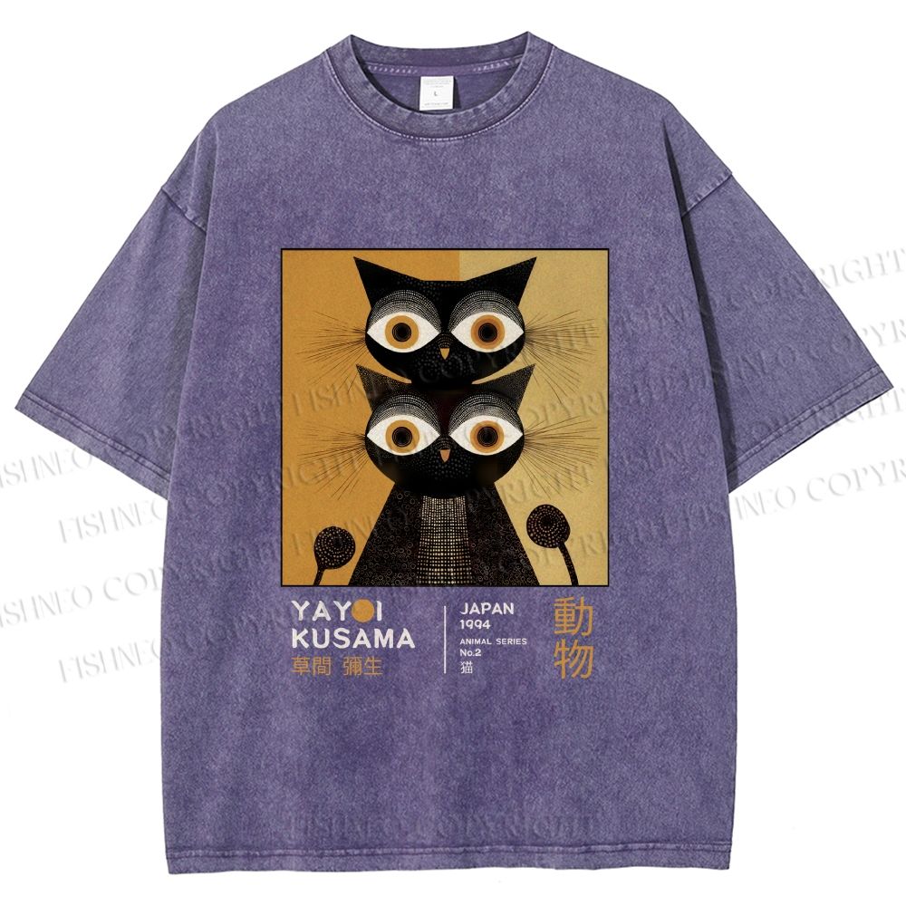 Unisex Yayoi Kusama Black Cat Printed Washed Tee