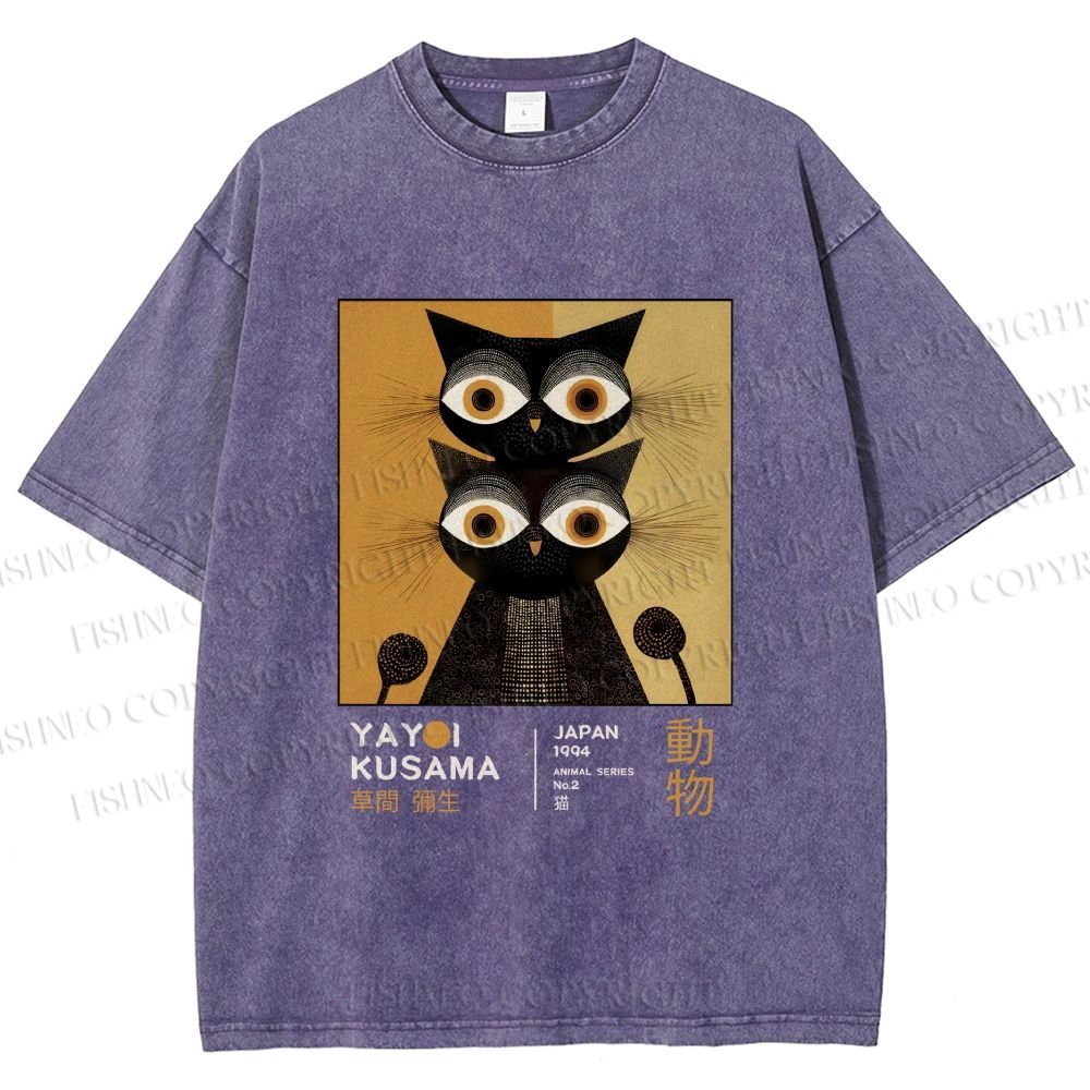 Unisex Yayoi Kusama Black Cat Printed Washed Tee