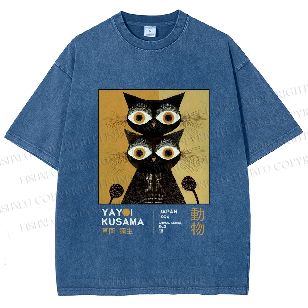 Unisex Yayoi Kusama Black Cat Printed Washed Tee