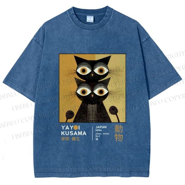 Unisex Yayoi Kusama Black Cat Printed Washed Tee