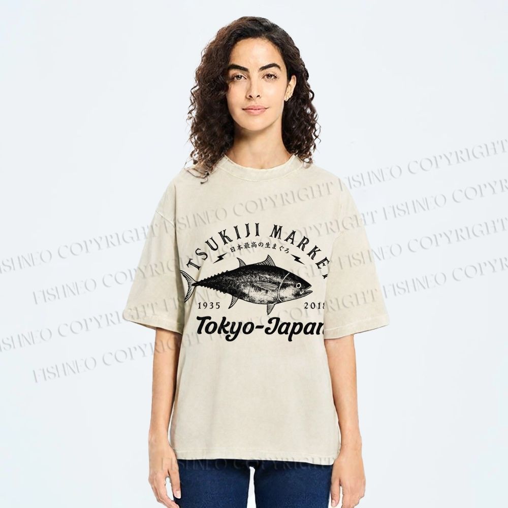 Unisex Tsukiji Fish Market Printed Washed Tee