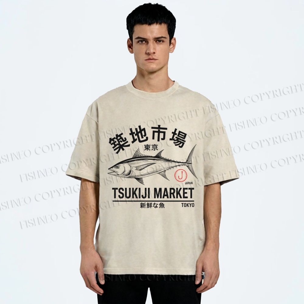 Unisex Tsukiji Fish Market Printed Washed Tee