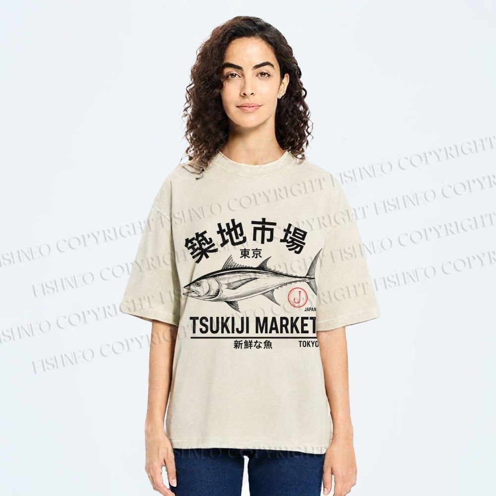 Unisex Tsukiji Fish Market Printed Washed Tee